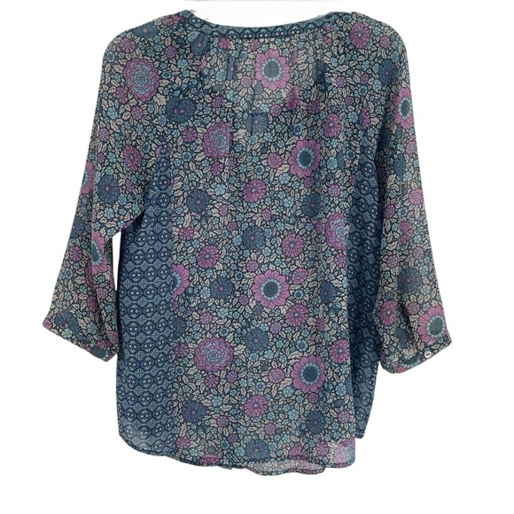 J. Jill Blue Floral Print Tassel Tie Peasant Top Size Small Petite button front - Picture 2 of 11